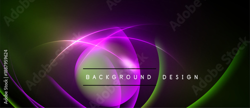 Abstract design features flowing curves, vibrant purple, green hues. Dark background emphasizes bright neon elements, modern aesthetic.