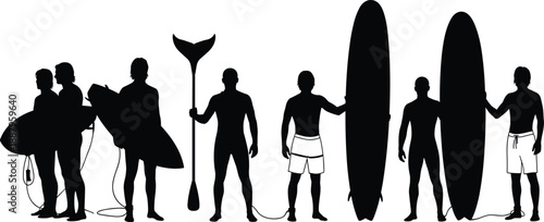 Surfer silhouette figures set, men with surfboards paddles beach lifestyle poses, ocean sport icons, cad drawing flat vector illustration