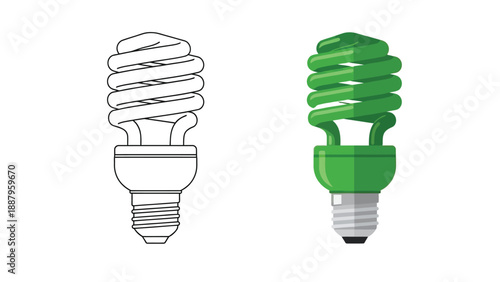 Illustration displaying two compact fluorescent light bulbs one as a black and white outline and the other colored vibrantly green symbolizing energy efficiency and saving.