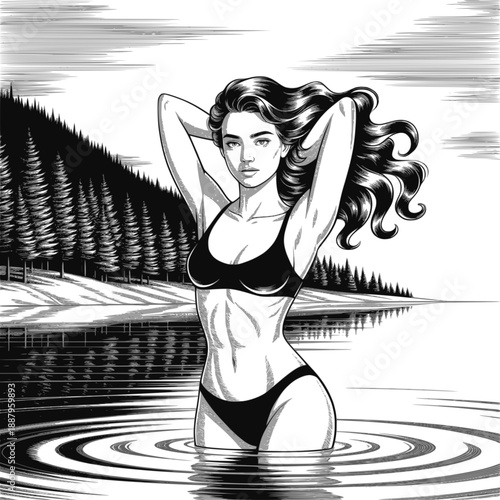 Elegant vector illustration of a beautiful woman posing in a lake with pine forest background, design for wellness center brochures, outdoor fitness posters and artistic home decor. Transparent SVG.