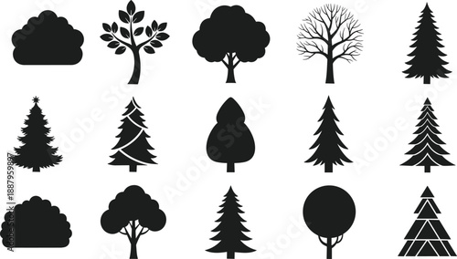 Tree silhouettes set, forest nature icons, deciduous pine evergreen shapes, landscape design elements, cad drawing flat vector illustration