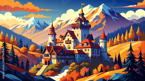 Very beautiful Peleș Castle in Sinaia stands elegantly at the base of the Carpathian Mountains, surrounded by dense forests and autumn colors, presenting a refined royal landmark within pristine alpin