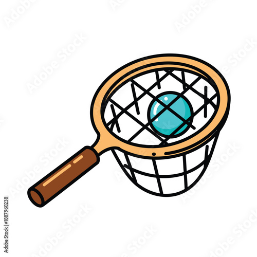 Cartoon Butterfly Net Catching a Blue Sphere Icon. Simple Handheld Scoop Net Vector Graphic for Hobby, Success, or Collecting Concepts.