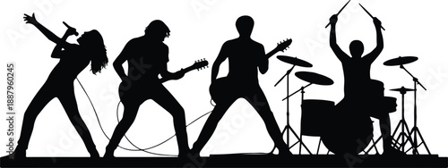 Rock Band Live Performance Outline Icon Set Guitar, Drums, and Stage Energy