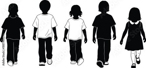 Walking children silhouettes set, boys girls kid poses, childhood lifestyle figures, people movement icons, cad drawing flat vector illustration