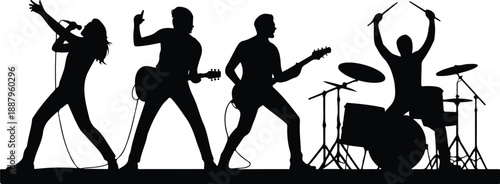 Rock Band Live Performance Outline Icon Set Guitar, Drums, and Stage Energy