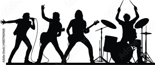 Rock Band Live Performance Outline Icon Set Guitar, Drums, and Stage Energy