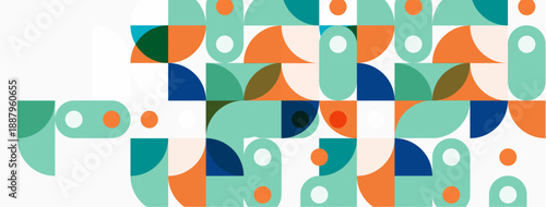 Abstract geometric pattern. Shapes overlap, creating colorful composition. Teal, orange, navy dominate design. Modern aesthetic.