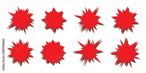 Red starburst badge set with explosion and flash shapes for sale, discount, and promo designs. Special offer symbols isolated on a transparent background, perfect for advertising, marketing, etc.