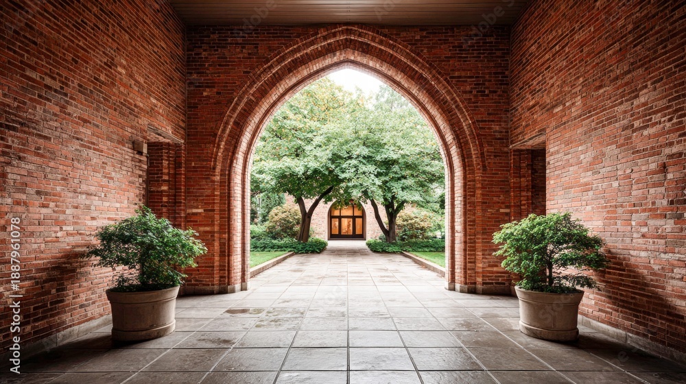 Fototapeta premium Brick archway frames a serene view of trees and a distant doorway.