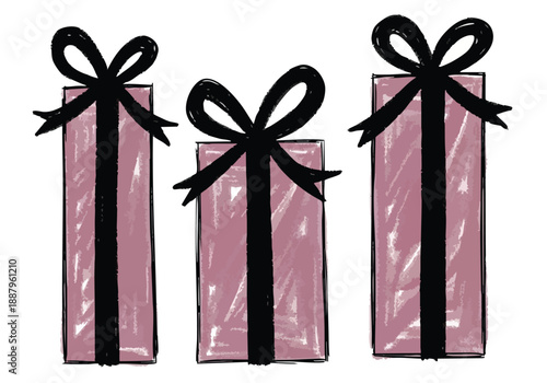 Three elegantly wrapped presents adorned with black ribbons and bows against a pure white background, perfect for celebratory and gifting occasions