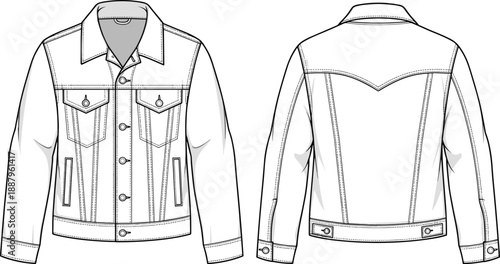 Men classic denim jacket front and back technical fashion illustration, casual jeans outerwear apparel flat sketch isolated on white background
