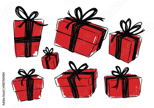 Vibrant Red Gift Boxes with Black Ribbons Hand-Drawn Artistic Celebration Present Arrangement for Festive Occasions and Gifting Themes