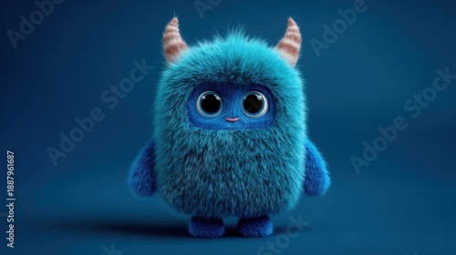 Cute blue furry monster with horns on dark blue background.