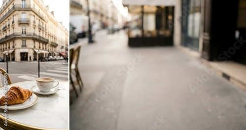 A classic Parisian breakfast of coffee and a fresh croissant rests on a marble cafe table with a blurred street scene in the background.