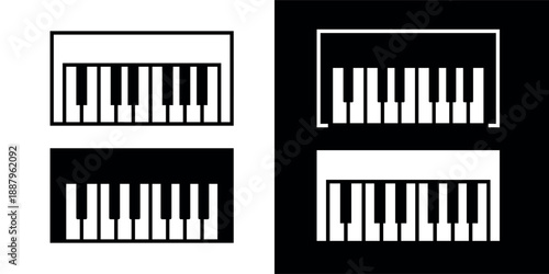 Piano key icon. Symbol of music, a pianist, or musician. Attribute of a musical instrument, such as a piano or grand piano. Black and white keys.