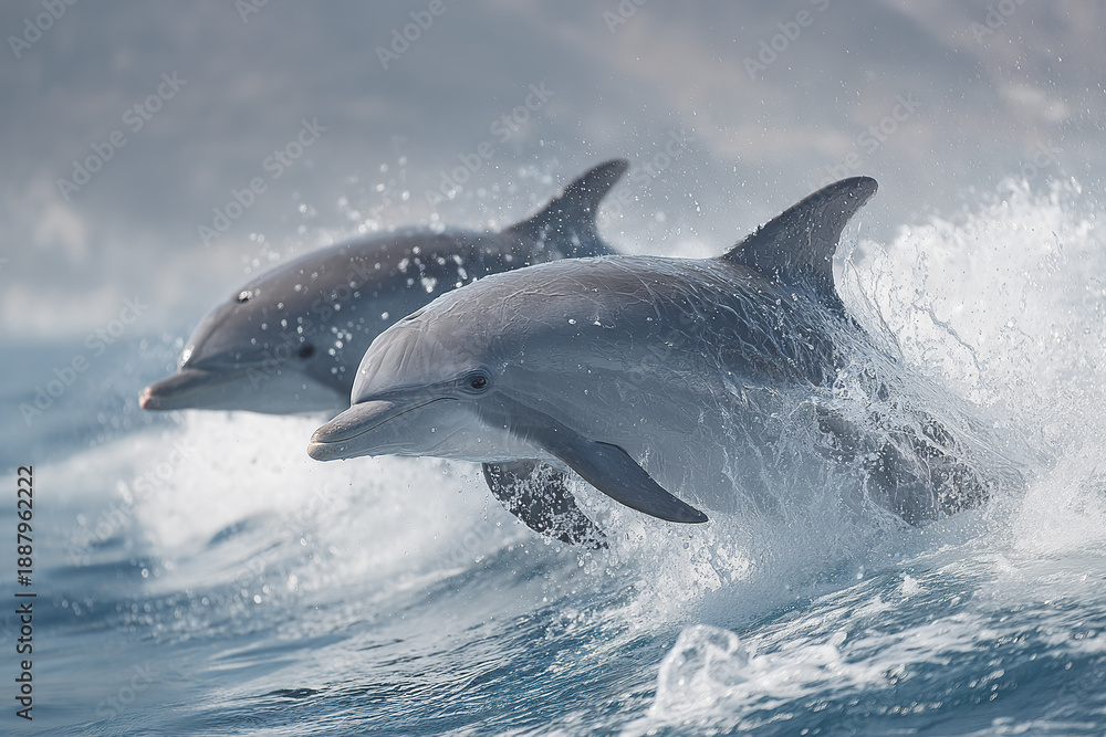 Fototapeta premium Two dolphins jumping through breaking waves in ocean, showing powerful movement and dynamic energy in natural marine environment