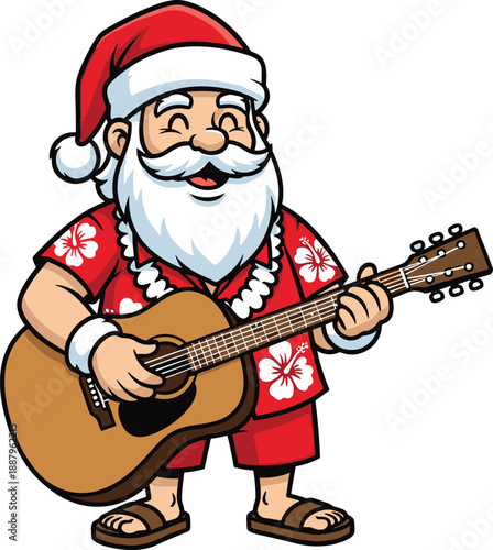Funny Santa Claus playing guitar in summer outfit, tropical Christmas cartoon character illustration isolated on white background
