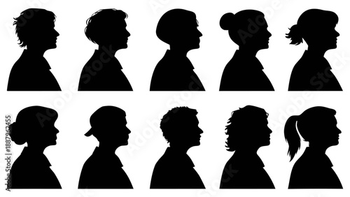 Diverse collection of ten black silhouette profile portraits of women with varied hairstyles and ages set against a stark white