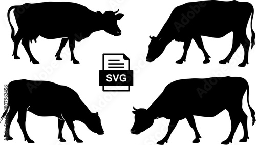 Four distinct silhouette vector illustrations of dairy cows in various grazing and standing poses presented on a clean white