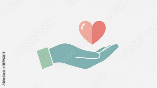 Teal hand with green cuff holds pink heart symbol on white background conveying care and love