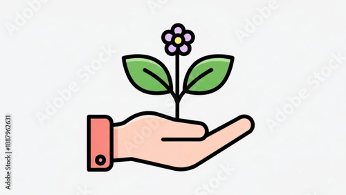 Hand holding a small purple flower with green leaves symbolizing growth and care in a simple colorful illustration