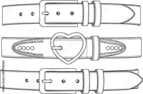 Leather belt line art illustration set with classic and heart buckle designs, fashion accessory outline drawing isolated on white background