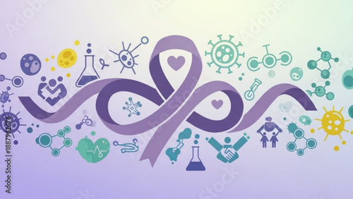 Purple ribbon symbol with medical and health icons on a gradient background representing awareness and care