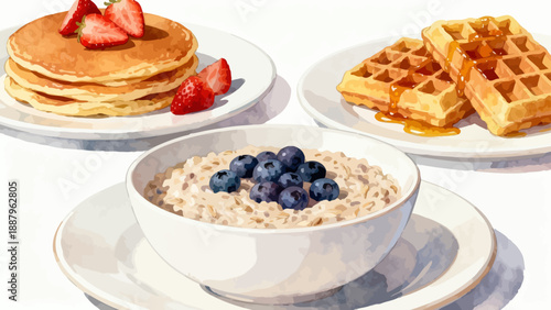 Breakfast dishes with pancakes waffles and oatmeal