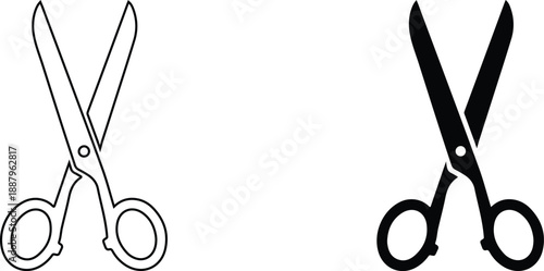 Outline and solid black silhouette of open scissors icon for various uses