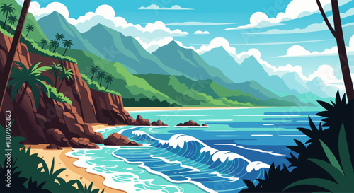 Tropical Beach Paradise with Lush Green Mountains and Crashing Waves under a Blue Sky