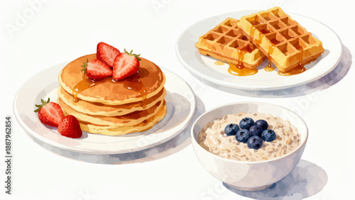 Breakfast dishes with pancakes waffles and oatmeal