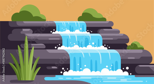 Beautiful illustration of a cascading waterfall with lush green plants and rocky formations, symbolizing nature's tranquility