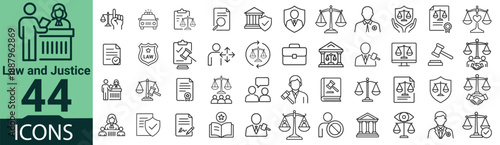 Law and justice icons, clean outline vector set for legal and courtroom interface design
