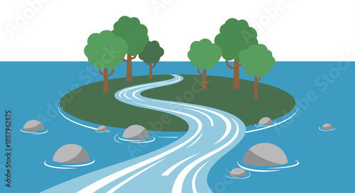 A winding river flows through a small island covered in trees and surrounded by rocks in the sea