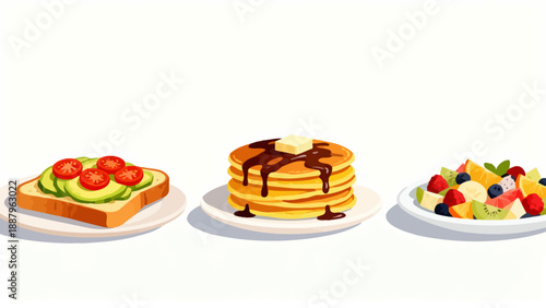 Three plates of food including toast pancakes and fruit salad