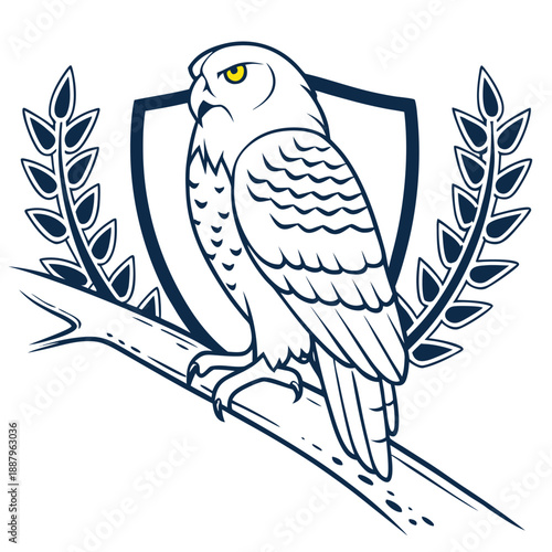 Flat vector design of a white snowy owl sitting on a tree branch during winter with a simple and clean animal illustration