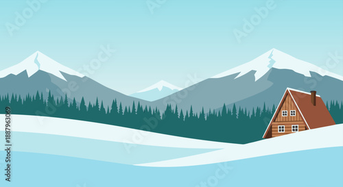 A cozy wooden cabin nestled in a serene snowy mountain landscape, perfect for a winter retreat