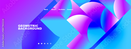 Vibrant abstract design. Fluid shapes blend blues, purples, pinks. Navigation menu present. Modern geometric background visible.