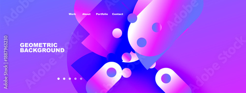 Abstract geometric background. Vibrant purple, blue hues dominate design. Navigation links present work, about, portfolio, contact. Modern aesthetic.