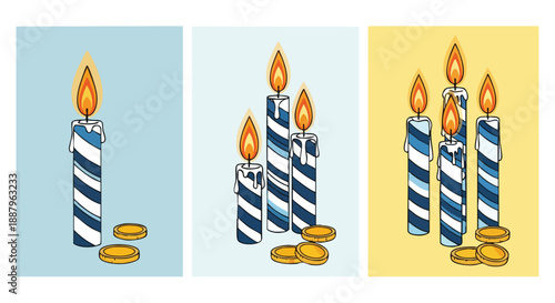 Illustrated blue and white striped candles with golden coins on colored backgrounds for holiday vector design elements