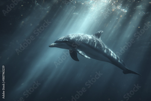 Underwater dolphin swimming gracefully in deep ocean with light rays penetrating water, creating calm and cinematic marine scene full of peaceful beauty