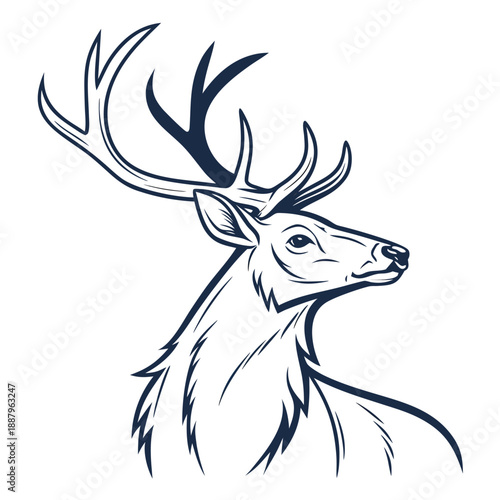 Flat vector design of a stylized deer head and large antlers with simple bold lines for a modern and clean logo or icon