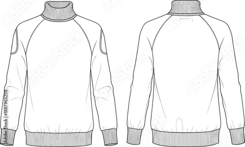 Men’s turtleneck sweatshirt technical fashion illustration with front and back views, long sleeve knit pullover top flat sketch vector