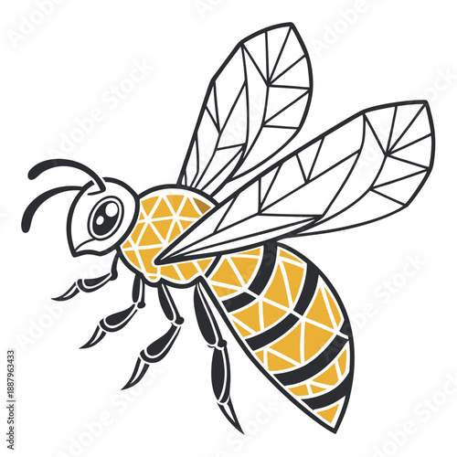 Simple geometric vector art of a honey bee with wings and stripes using clean lines and bold shapes on a minimalist white background