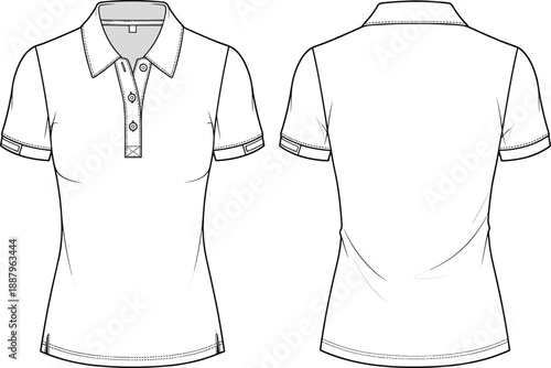 Women’s polo shirt technical fashion illustration with front and back views, short sleeve collared top flat sketch vector