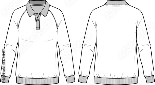 Men’s long sleeve polo sweatshirt technical fashion illustration with front and back views, collared casual knit top flat sketch vector