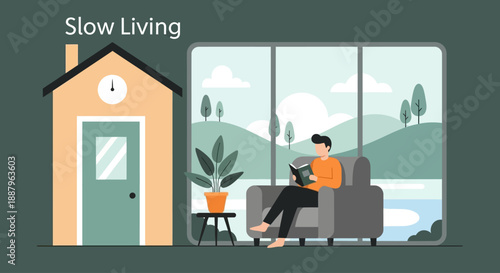 A man enjoys a peaceful moment reading a book in a comfortable armchair by a large window overlooking a serene landscape, embodying the concept of slow living.