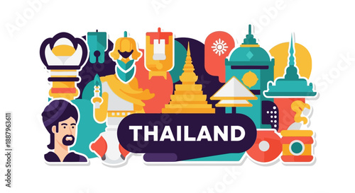 Vibrant illustration of Thailand's cultural landmarks and symbols, featuring temples, traditional figures, and the country's name.