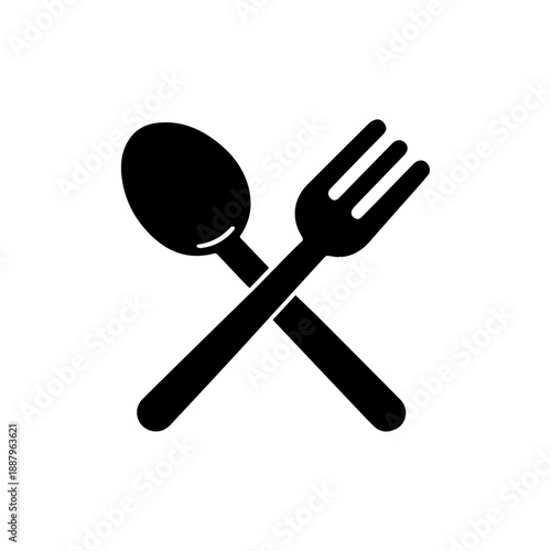Classic solid black spoon and fork silhouette icon, crossed cutlery vector for restaurant signage and food symbol.